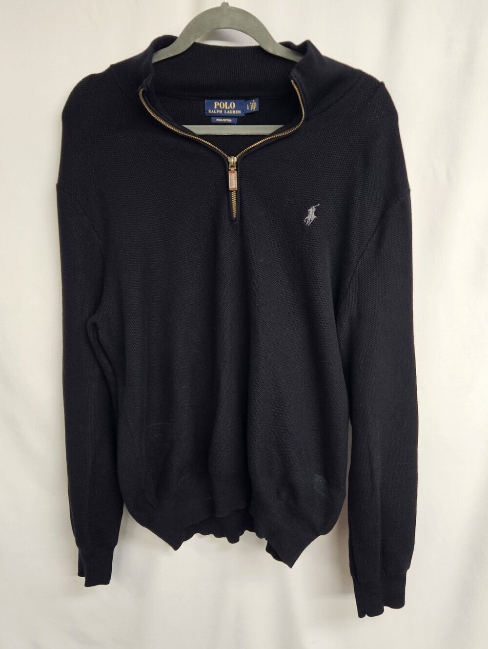 Polo Ralph Lauren Mens Sweater 1/4 Zip Medium Navy Blue Pima Long Sleeve
